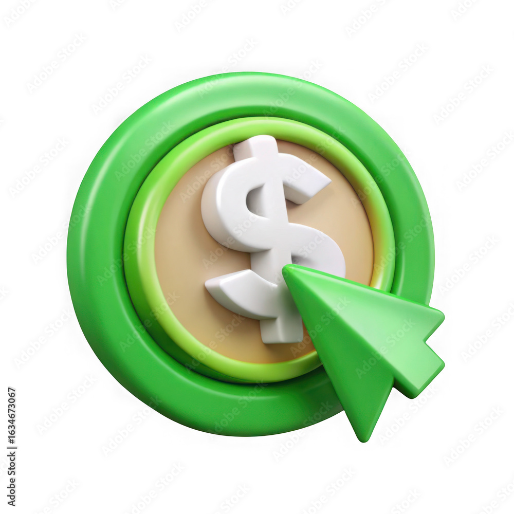 Poster green coin with a dollar sign and a cursor pointing to it symbolizing online payment and financial t
