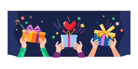 Hands holding gifts and a heart with confetti and stars
