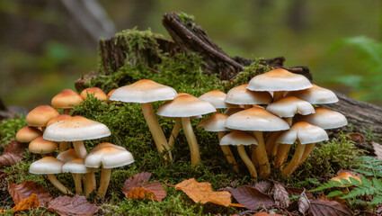 Forest mushrooms surrounded by moss and fallen leaves.