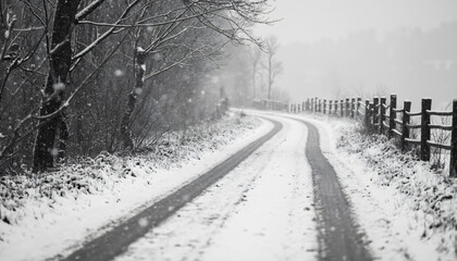 Obraz premium Snowy Road with Fence and Trees