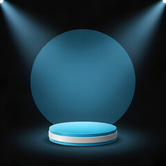 Minimalist Stage Scene with Two-Tiered Podium and Blue Circular Backdrop Under Spotlights
