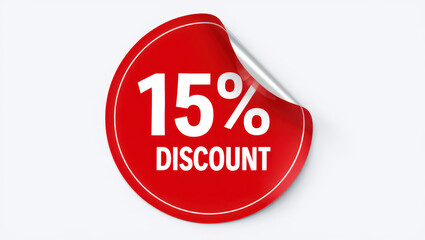 Obraz premium Fifteen Percent Off A Red Sticker with 15% Discount Text on a White Background Promoting Sales and Special Offers for Retail and E-commerce Businesses