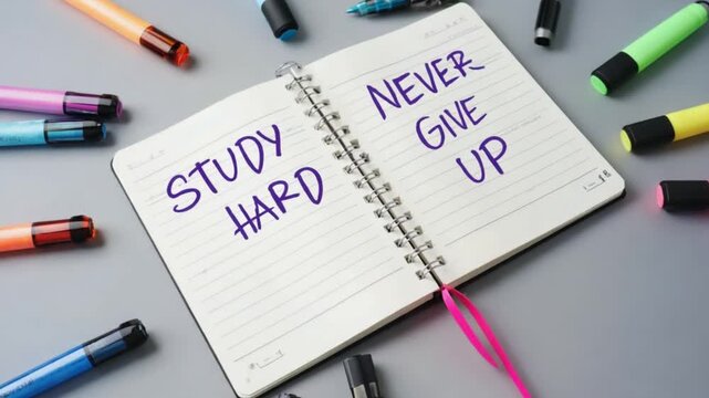 Open notebook with motivational phrases 'STUDY HARD' and 'NEVER GIVE UP' surrounded by colorful pens