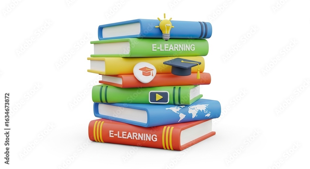 Poster A stack of colorful books representing e-learning.