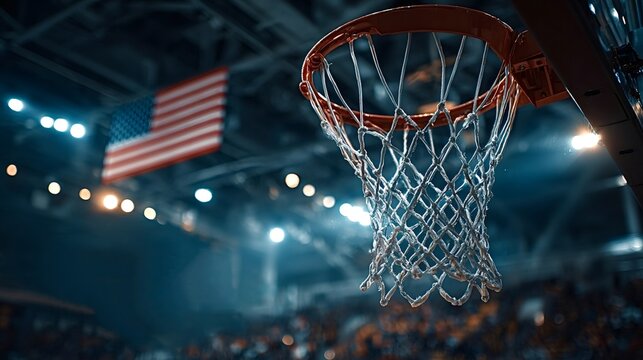 Basketball hoop suspended in a spacious arena, featuring an american flag in the background and a blurred crowd, building anticipation for an exciting upcoming game
