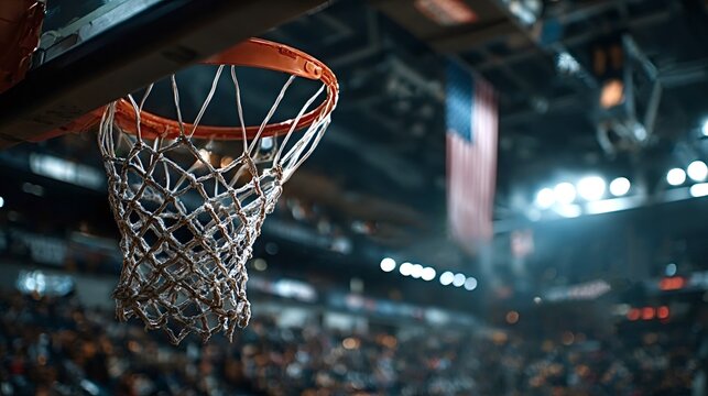 Basketball hoop hanging in a large arena, ready for the game to begin, with an american flag and blurred crowd in the background and bright lights illuminating the scene