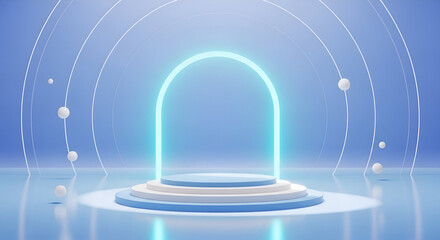 Obraz premium Futuristic Minimalist Podium with Glowing Arch and Floating Spheres in Blue Light 