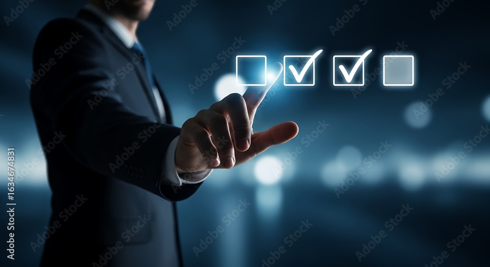 Aufkleber business professional selecting checkboxes on digital interface task management approval process