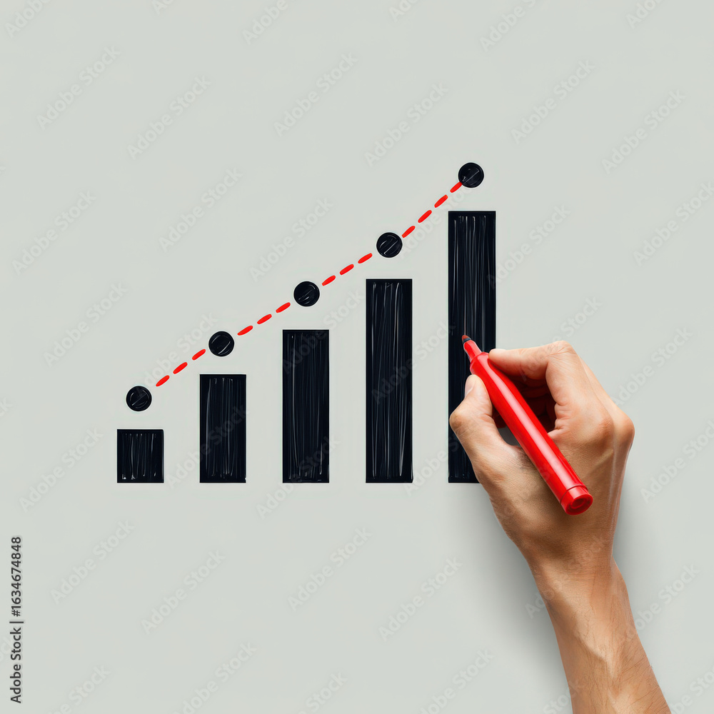 Poster visualizing success a hand drawing an upward trending bar graph with a red line demonstrating growth