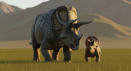 Fototapeta premium Triceratops with Young on Grassy Plain Near Mountains