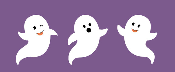 Set of Cute Halloween white ghost.
Halloween sheet ghost flat vector illustration.
White ghost wearing a witch hat.
Good for greeting card,poster, banner, leaflet.