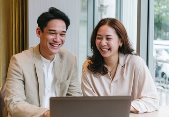 Collaboration in Action Young Asian Professionals Engaging in Business Meetings in a Casual Workspace