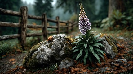 Obraz premium A foxglove cluster by a mossy garden fence.