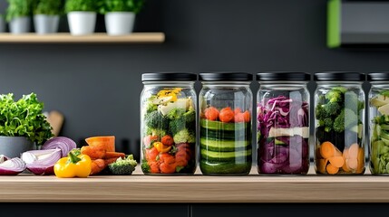 Colorful assortment of fresh vegetables in glass jars on kitchen counter