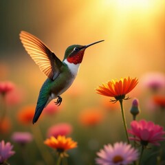 Fototapeta premium A Tiny Ruby Throated Hummingbird Hovering Over a Field of Colorful Wildflowers Under Golden Sunlight
