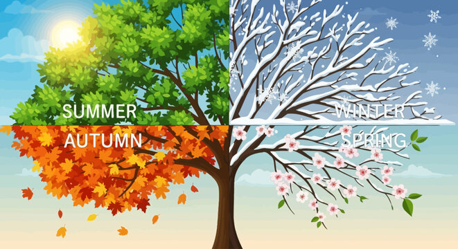 A tree representing the four seasons: Summer, Autumn, Winter, and Spring, each with distinct foliage and weather.