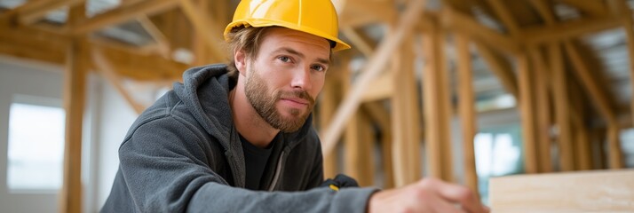 Young caucasian male carpenter working on wooden structure indoors