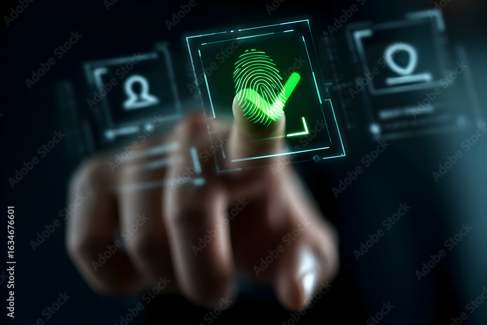 Poster biometric access granted: fingerprint scan on a glowing green holographic interface.
