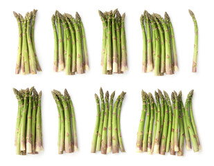 Fresh green asparagus isolated on white, set