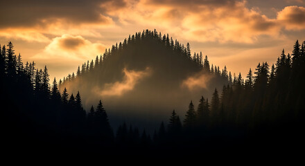 Majestic mountain peak silhouetted against a dramatic sunset sky with clouds and mist