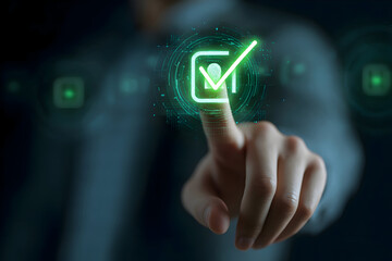 Futuristic Verification: Hand Activating a Glowing Green Checkmark on a Digital HUD.