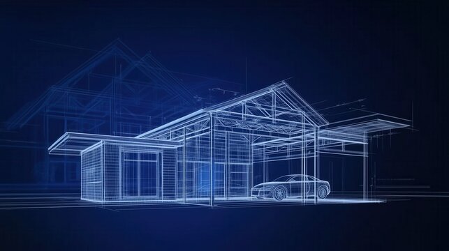 Wireframe rendering of a modern house with a carport