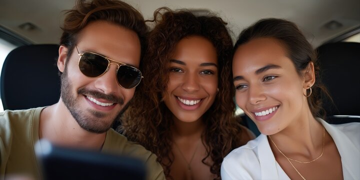 Young friends enjoying road trip selfie in car interior - Powered by Adobe