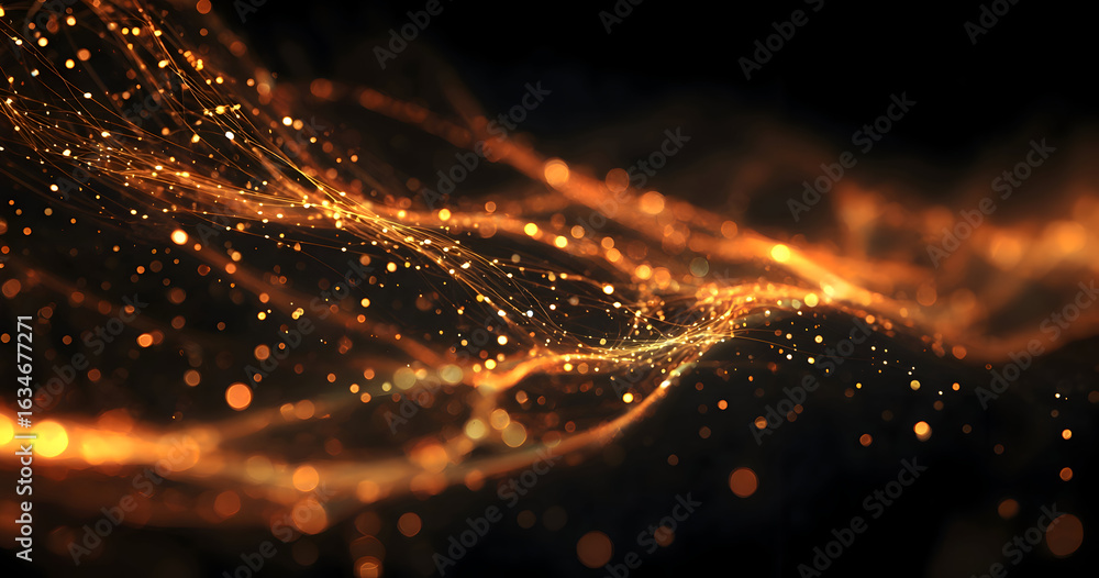 Poster dynamic flow of luminous golden particles and filaments.