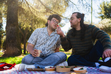 Happy gay couple enjoying romantic moments during picnic in park, sharing strawberries and takeaway...