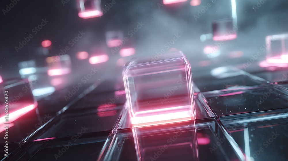 Poster abstract digital cubes with neon glow on a grid background animation