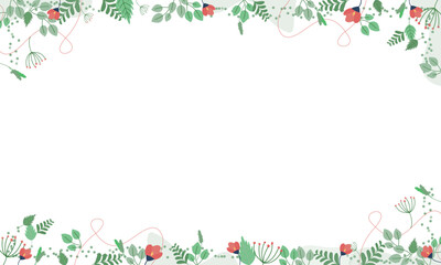 Floral Border with Red Flowers and Green Leaves