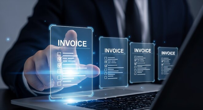 Businessman Interacting with Digital Invoices on Laptop Screen  Financial Technology and Business Management Concept Stock Photo - Powered by Adobe