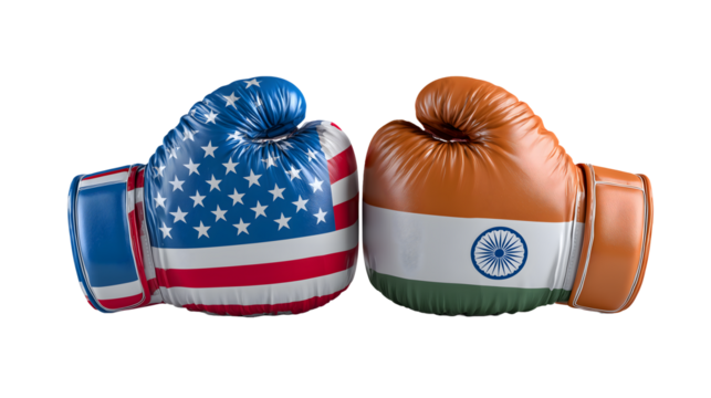 Boxing gloves with USA and India flags facing each other, symbolizing competition, conflict, or partnership between the United States and India, isolated on white background