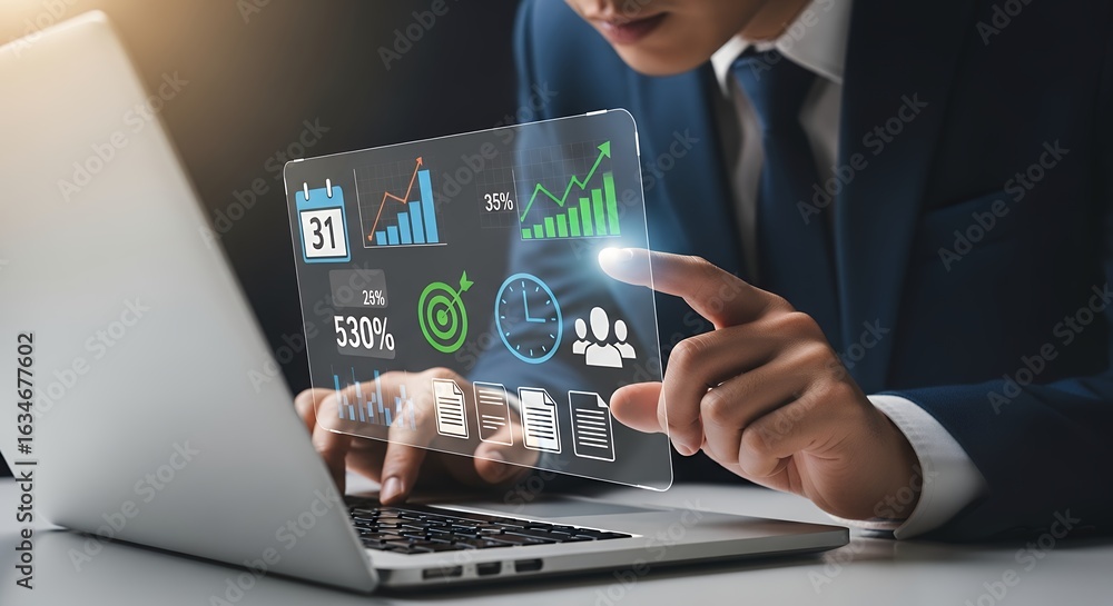 Poster businessman interacting with holographic data display showing charts and graphs for business analyti