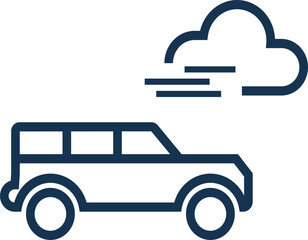 Simple car icon with exhaust cloud illustration, representing vehicle emissions, transportation, pollution, and automotive concepts. Minimal, clean, and versatile vector design