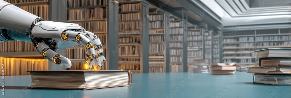 Poster futuristic robotic hand interacting with books in a modern library setting showcasing advanced techn