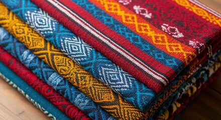 A stack of colorful woven fabrics with intricate geometric patterns, showcasing a variety of textures and designs.