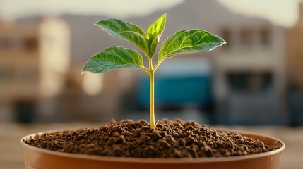 Vibrant green plant in pot with soil against blurred urban backdrop
