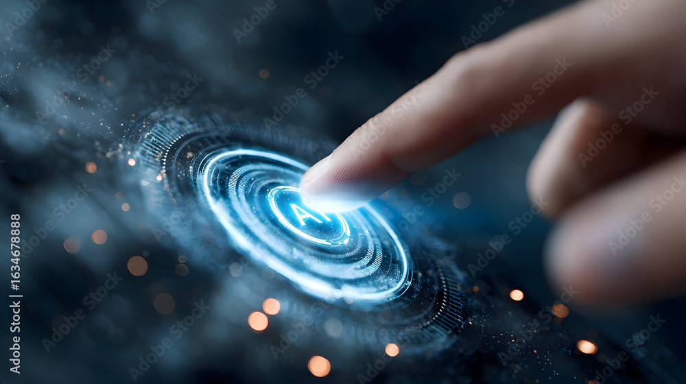 Poster luminous blue ai button activated by a finger on a futuristic interface.
