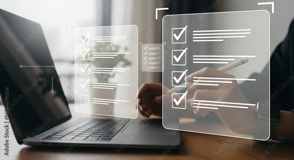 Poster checklist on laptop screen task management and productivity concept for business planning and workfl