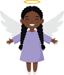 Happy Black Angel Girl with Halo and Wings Wearing Purple Dress Vector Illustration