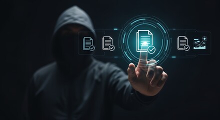 Cybersecurity Document Verification Hooded Figure Interacting with Digital Icons Representing Secure File Management and Data Protection Concepts