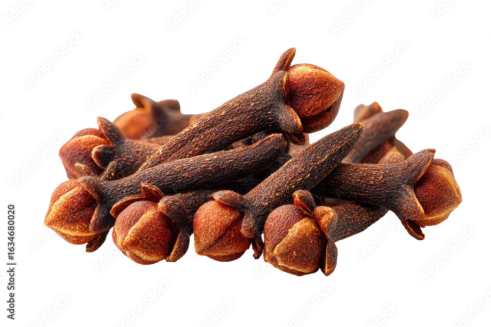 Poster cloves arranged in a circular pattern showcasing their unique shape and rich color on a white backgr