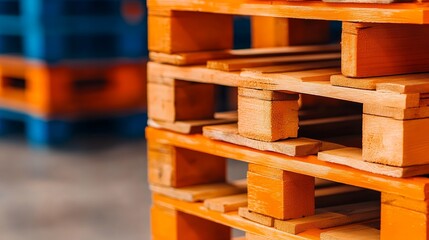 Wooden pallets stacked for shipping in a warehouse environment
