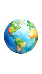 Fototapeta premium Watercolor illustration of Planet Earth with continents, isolated on a white background. Global map with soft blue oceans and green, orange landmasses, depicting a world globe.