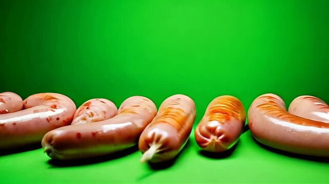 A Detailed Close-Up of Delicious Sausages on a Bright Green Background, Perfect for Food Photography