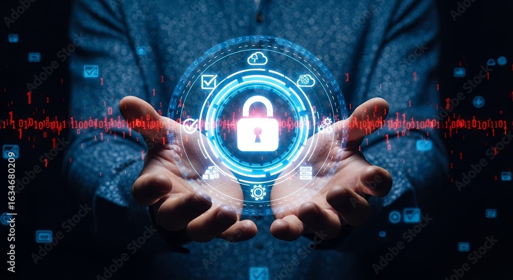 Poster cybersecurity protection concept digital security lock in hands data encryption network safety onlin