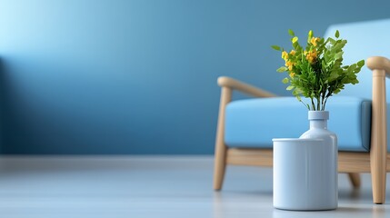 Modern living room with blue armchair and green plant decor