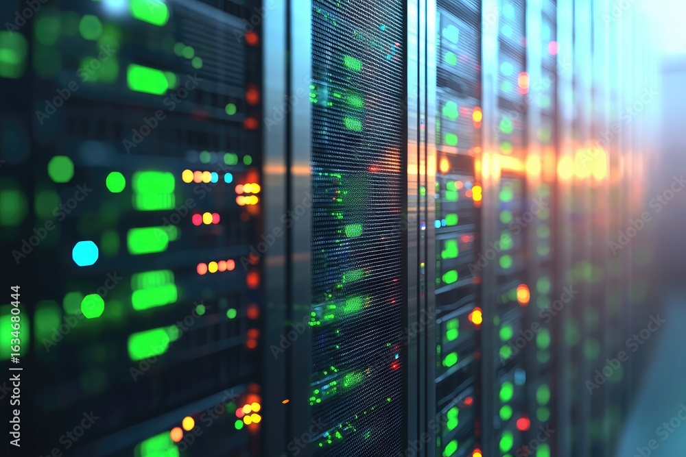 Poster realistic 3d rendering of server racks with green and red led indicators under a warm glow, great fo