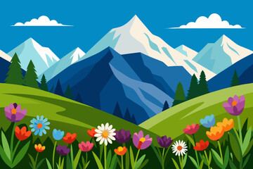 Vibrant meadow with snow capped mountains and blue sky